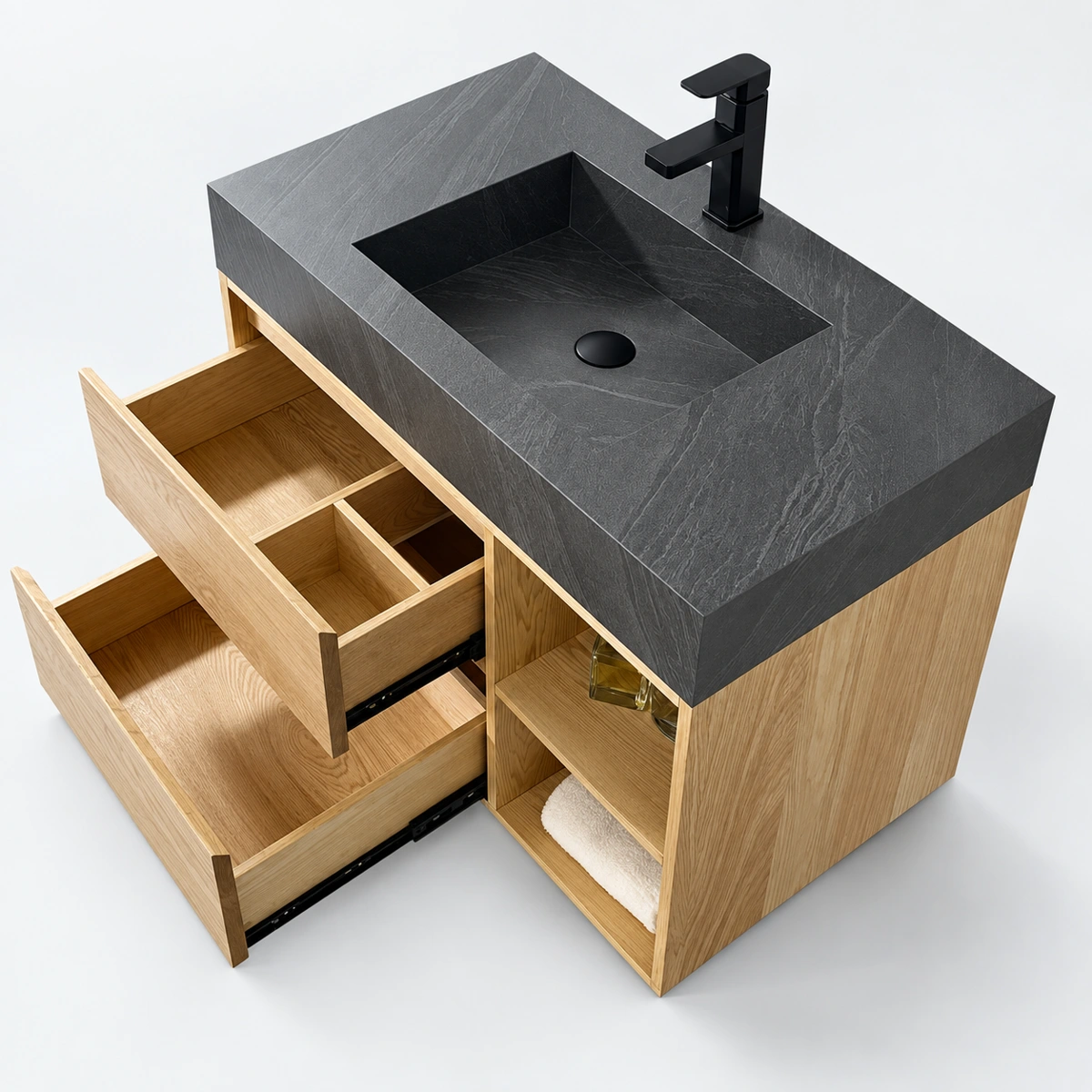 800mm Black Sintered Stone Basin & Oak Cabinet