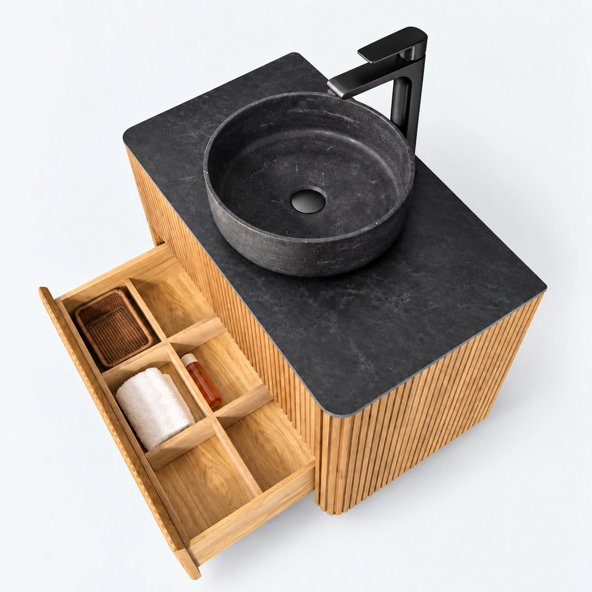 Stone Basin with Sintered Stone Top & Wood Cabinet
