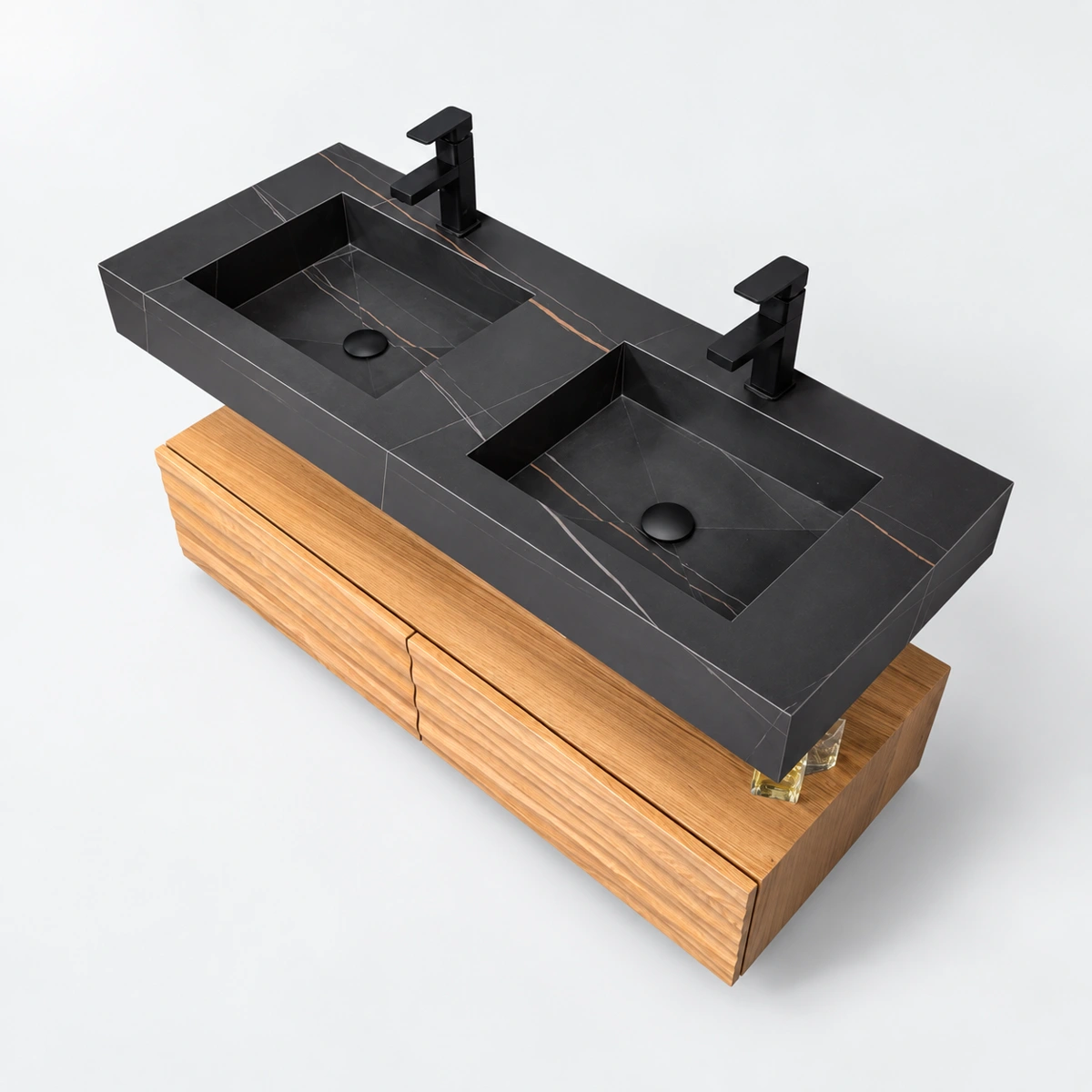 1200mm Sintered Stone Basin with Oak Cabinet & Water Wave Texture Drawer Panel
